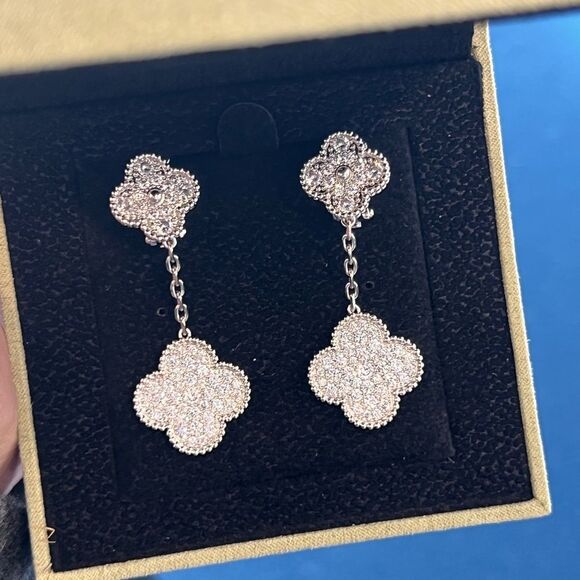 Silver Plated Lucky Alhambra Clover Drop Earrings with Crystal accents w… - Picture 8 of 10
